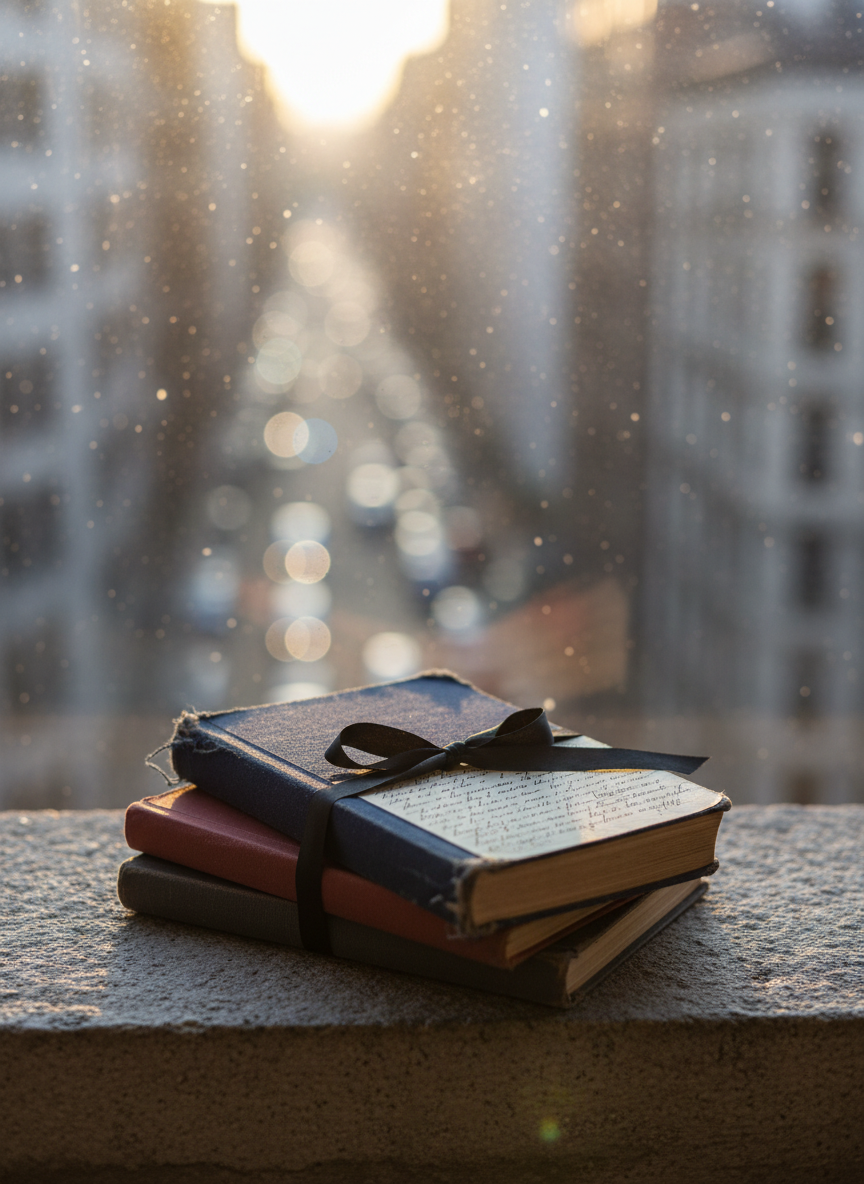 A small stack of weathered notebooks with frayed cloth covers—deep navy, rust red, and charcoal—bound with a thin black ribbon, positioned on the corner of a stone windowsill. Outside the window, the city is only a soft bokeh of lights and shadows, slightly out of focus. Golden hour sunlight slants in, catching dust motes in the air and creating a warm rim light along the edges of each notebook. One notebook is slightly askew, revealing pages filled with cramped handwriting and margin notes. Photographic realism, captured from a slightly elevated angle using the rule of thirds, evoking a sophisticated, introspective atmosphere of secret journals quietly holding hazardous memories and unspoken stories.