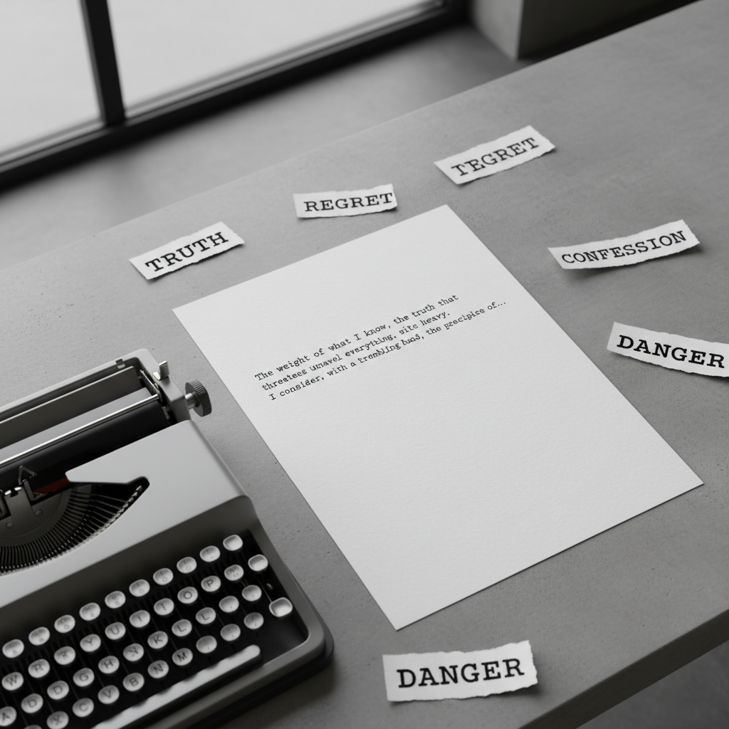 A pristine, off-white sheet of heavy writing paper sits centered on a minimalist concrete desk, surrounded by scattered, torn scraps of paper with single, intense words typed in bold black: “truth,” “regret,” “confession,” “danger.” A sleek, brushed-steel typewriter anchors the frame’s edge, its keys catching the cool, overcast window light that seeps in from the left. The main sheet shows the first line of a journal entry abruptly ending mid-sentence. The composition is clean and precise, shot from a slightly overhead perspective with sharp focus throughout. The mood is sophisticated, tense, and reflective, suggesting the moment before committing something hazardous to the permanence of written words, in crisp photographic realism.